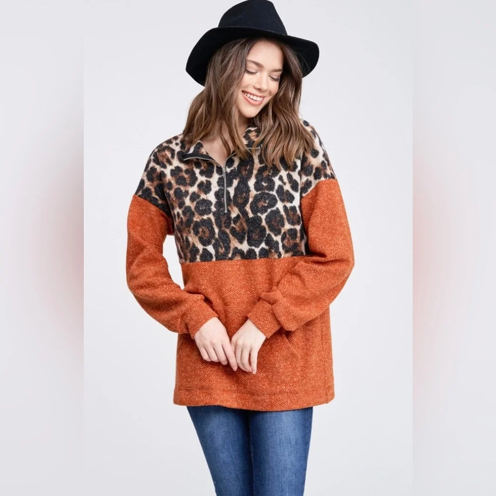 NWT White Birch Long Sleeve Cheetah Print Quarter Zip Pullover Sweater, Rust - Picture 3 of 8